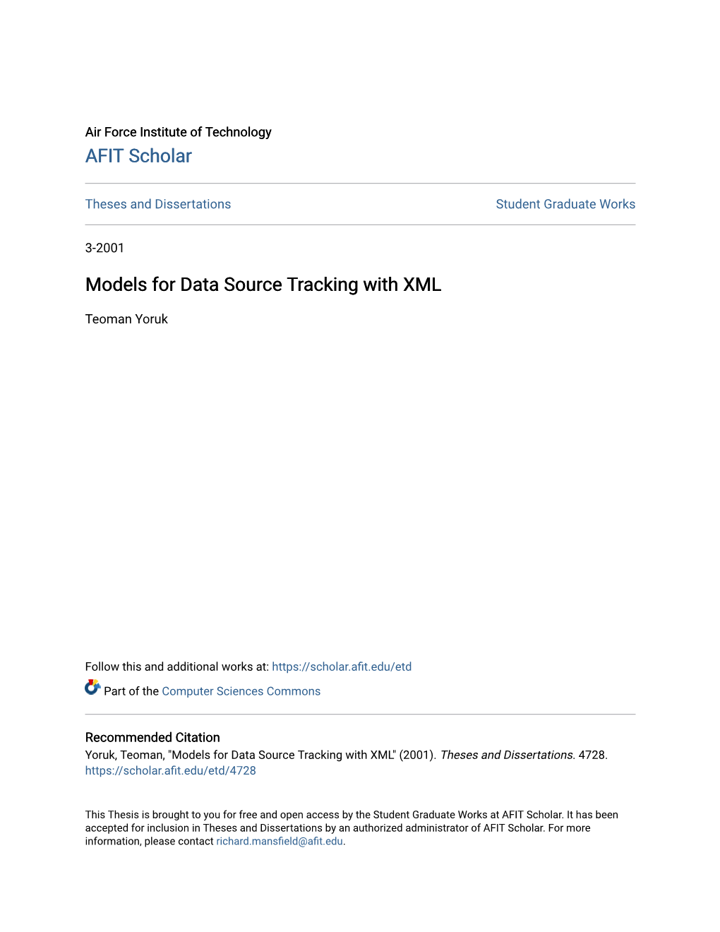 Models for Data Source Tracking with XML