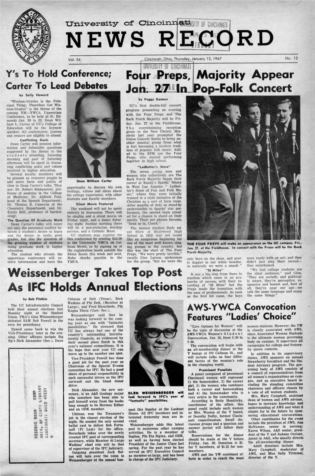 University of Cincinnati News Record. Thursday, January 12, 1967. Vol