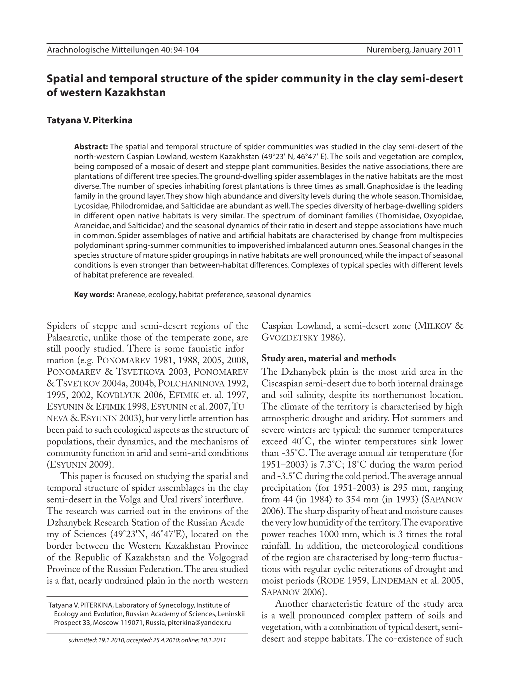 Spatial and Temporal Structure of the Spider Community in the Clay Semi-Desert of Western Kazakhstan