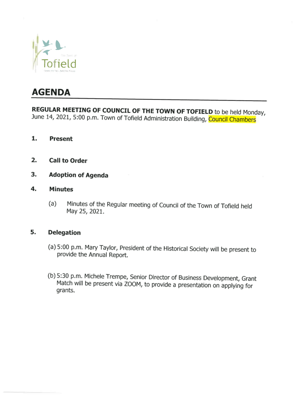 TOWN of TOFIELD to Be Held Monday, June 14, 2021, 5:00 P.M