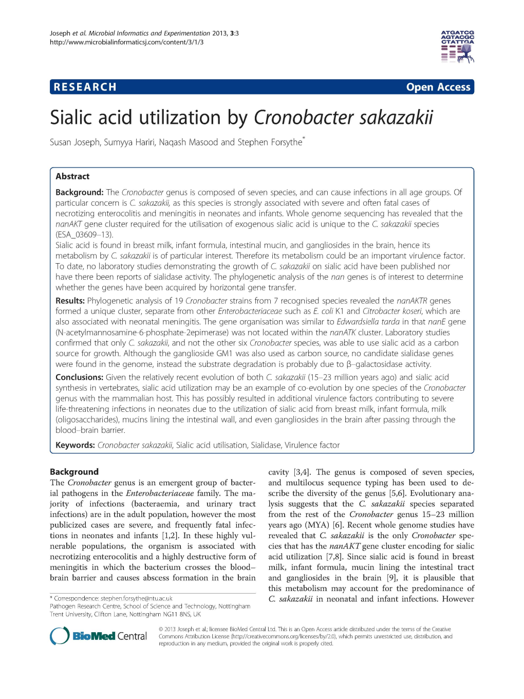 Sialic Acid Utilization by Cronobacter Sakazakii