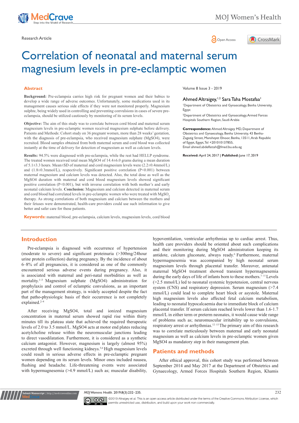 Correlation of Neonatal and Maternal Serum Magnesium Levels in Pre-Eclamptic Women