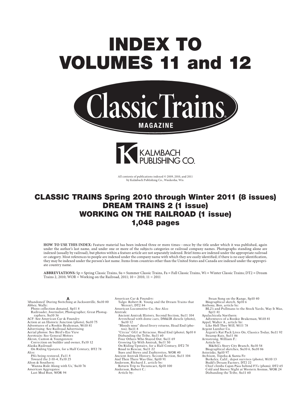 Classic Trains' 2010-2011 Index
