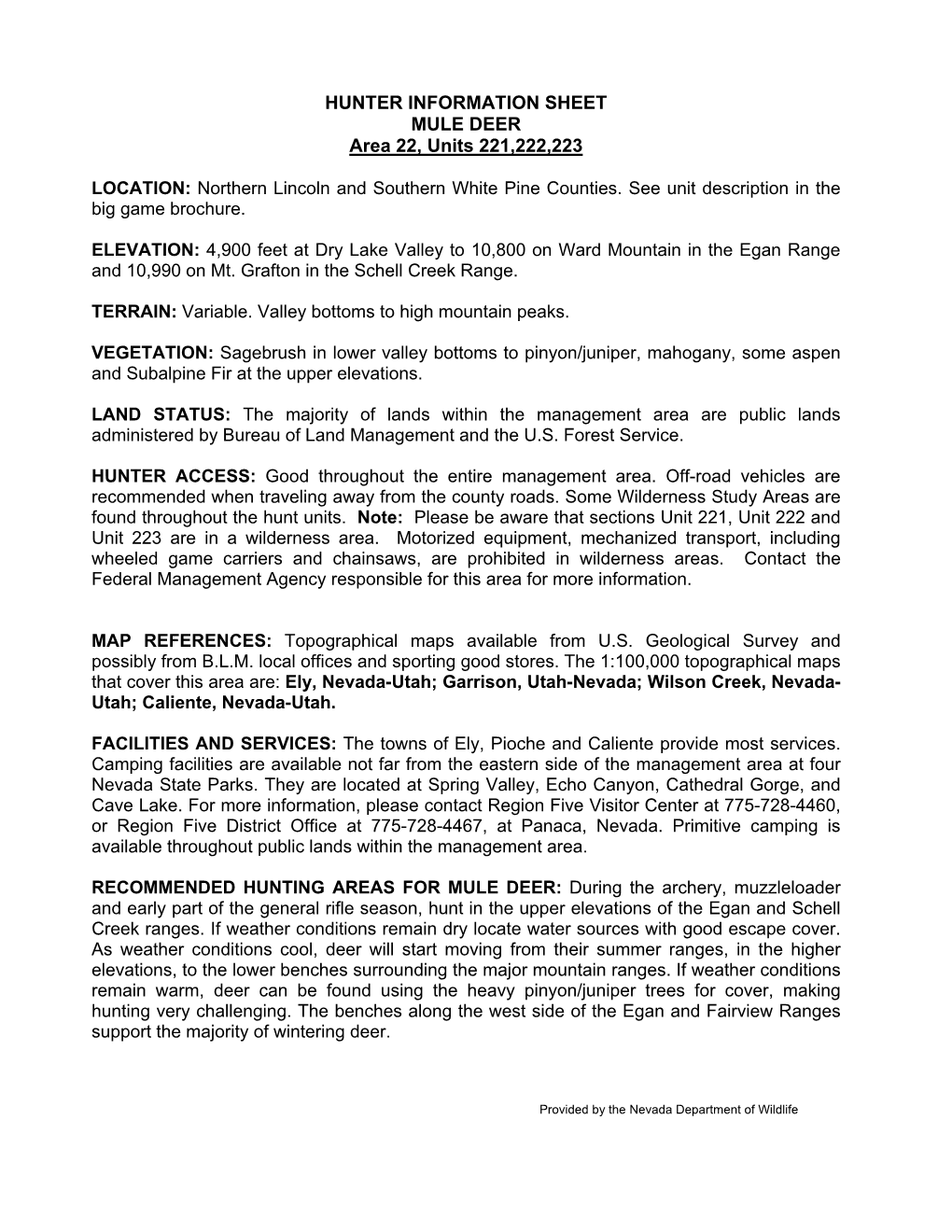 HUNTER INFORMATION SHEET MULE DEER Area 22, Units 221,222,223