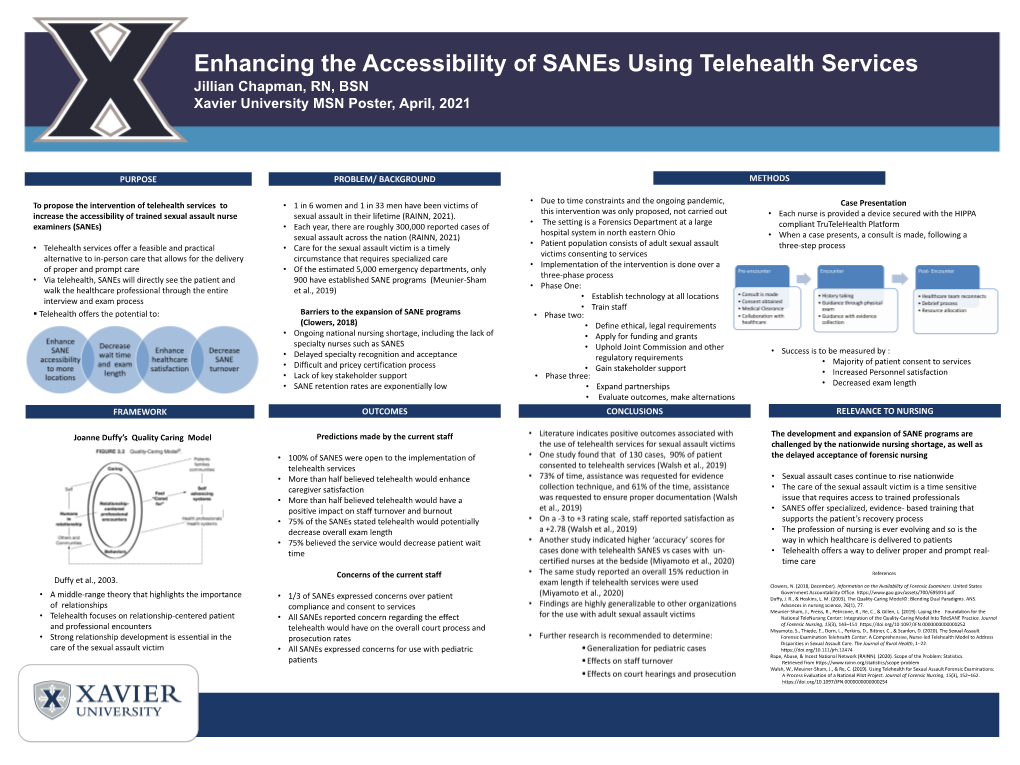 Enhancing the Accessibility of Sanes Using Telehealth Services Jillian Chapman, RN, BSN Xavier University MSN Poster, April, 2021