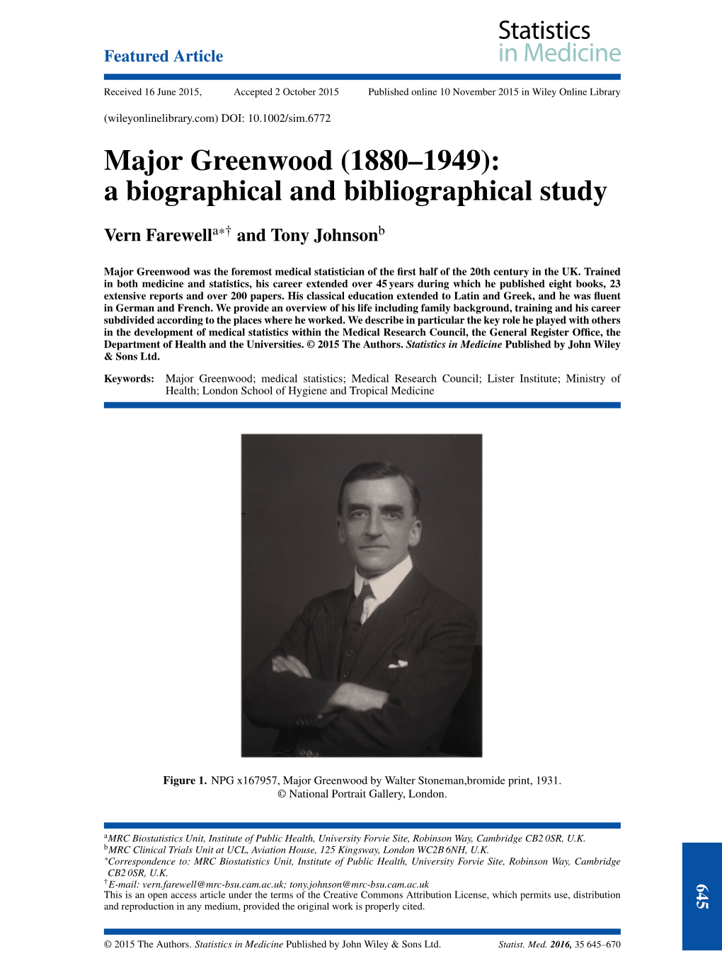 Major Greenwood (1880–1949): a Biographical and Bibliographical Study