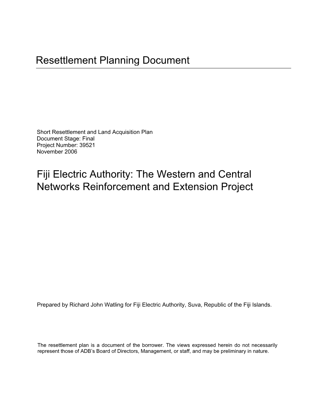 Resettlement Planning Document Fiji Electric Authority: the Western And