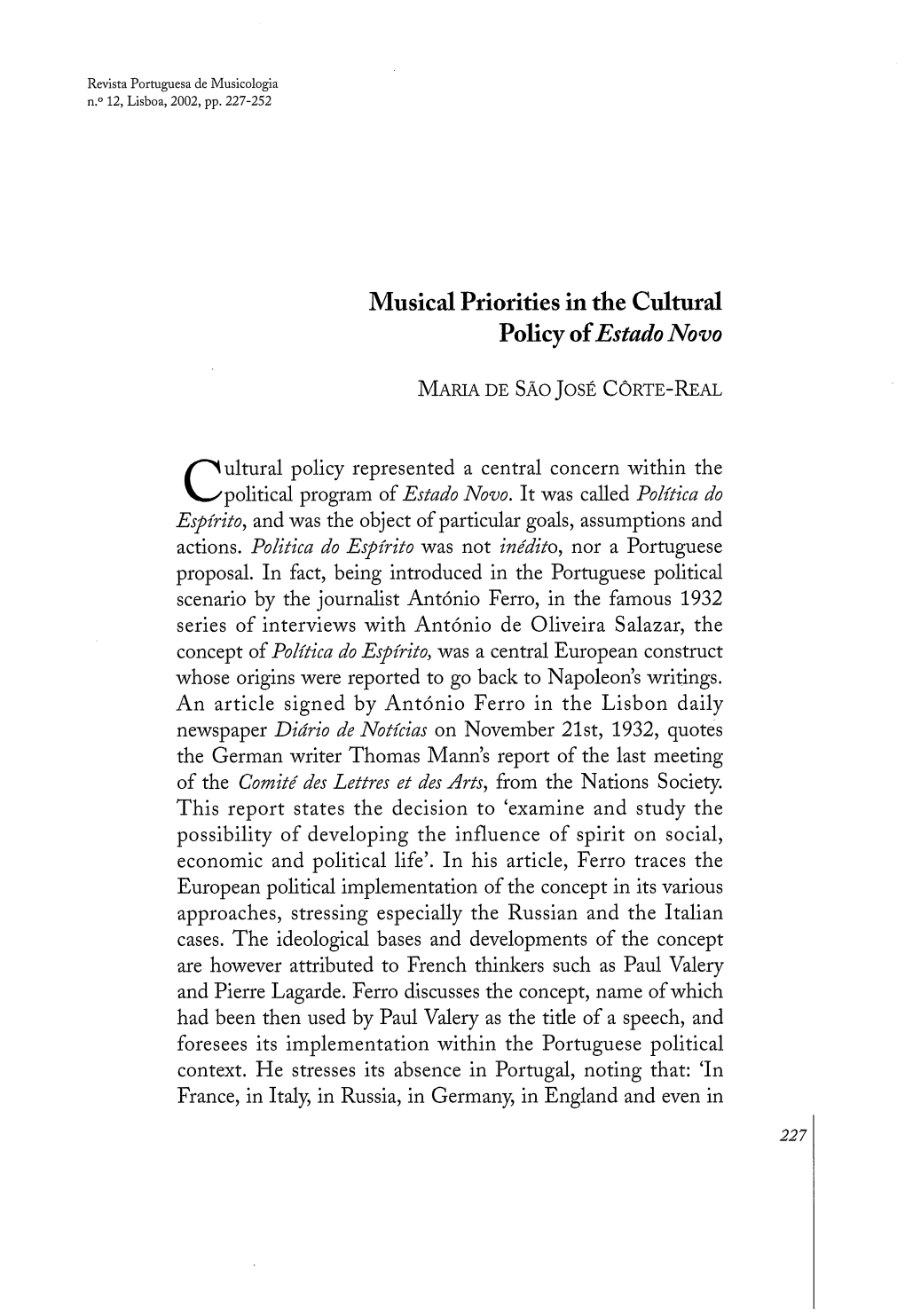 Musical Priorities in the Cultural Policy of Estado Novo