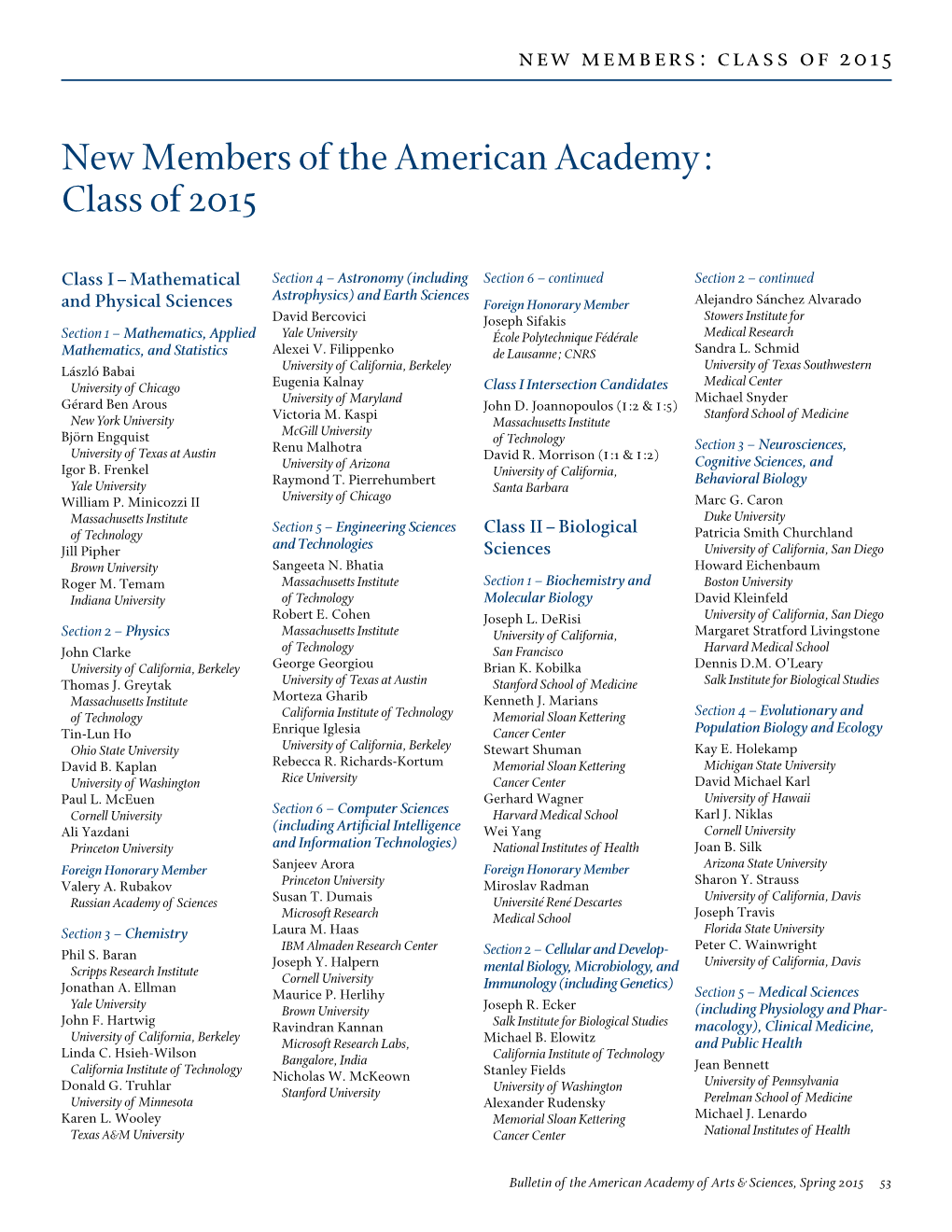 New Members of the American Academy: Class of 2015