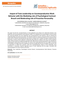 Impact of Toxic Leadership on Counterproductive Work Behavior with the Mediating Role of Psychological Contract Breach and Moderating Role of Proactive Personality