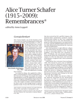 Alice Turner Schafer (1915–2009): Remembrances* Edited by Anne Leggett