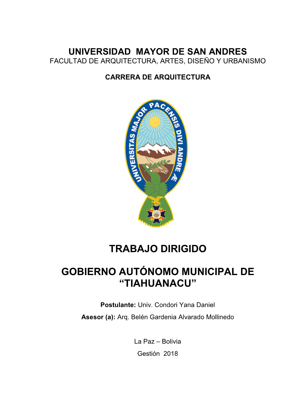 Trabajo Dirigido Gobierno Autónomo Municipal De “Tiahuanacu”