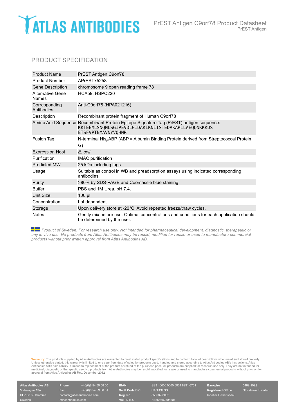 PRODUCT SPECIFICATION Prest Antigen C9orf78 Product