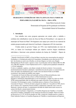 Trabalho E Condições De Vida Na Zona Da Mata Norte De