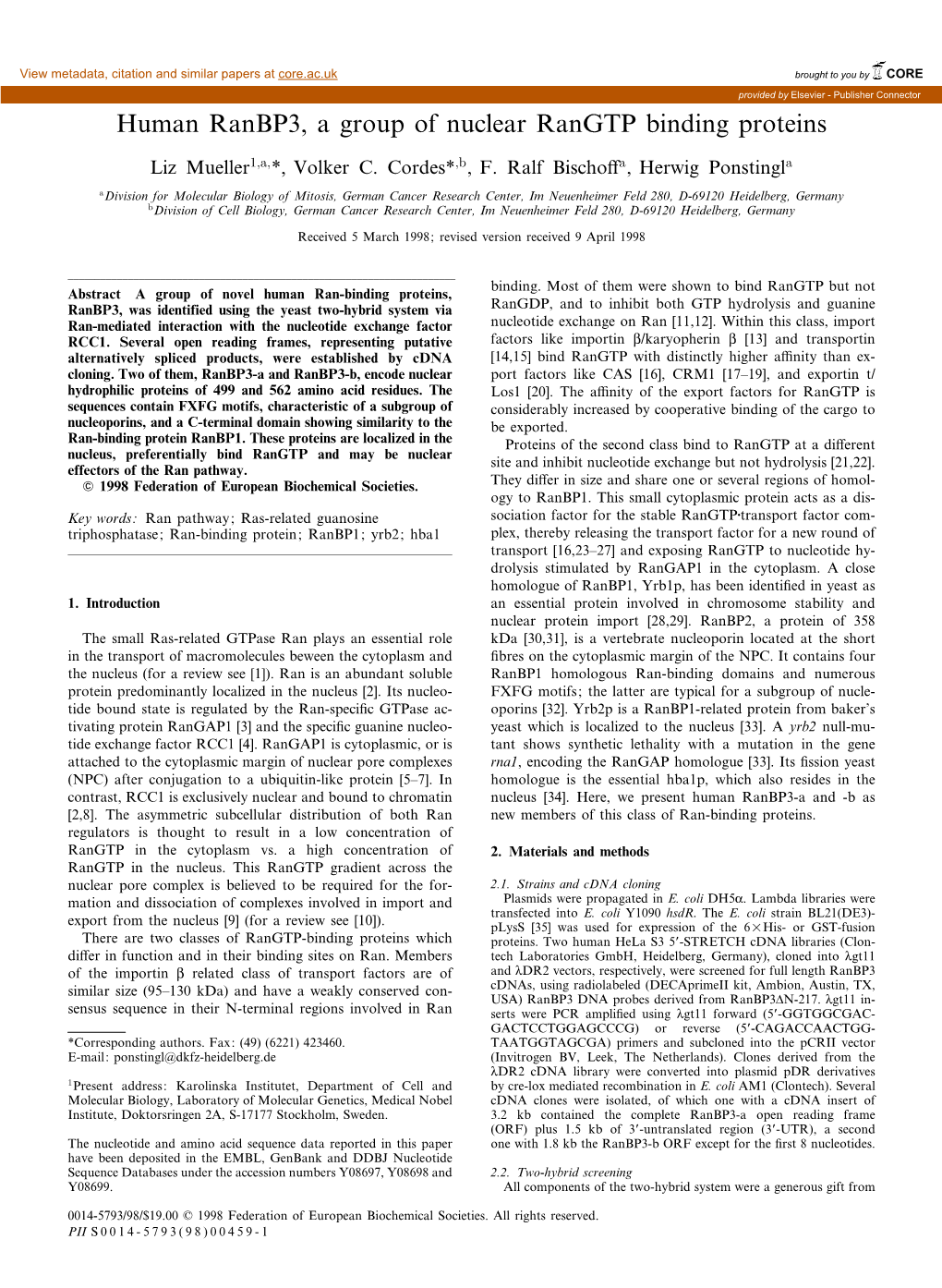 Human Ranbp3, a Group of Nuclear Rangtp Binding Proteins