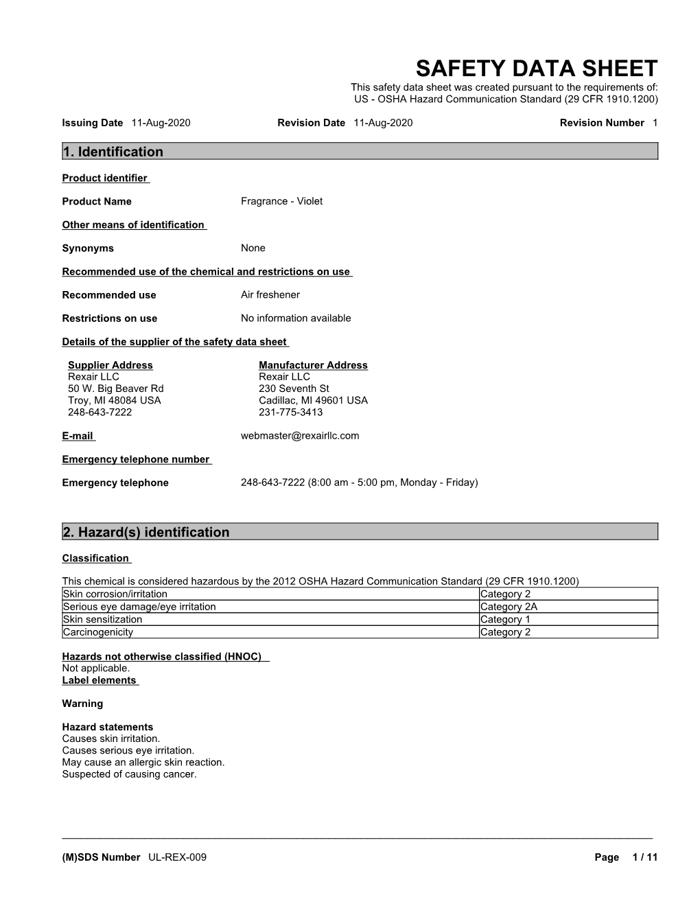 SAFETY DATA SHEET This Safety Data Sheet Was Created Pursuant to the Requirements Of: US - OSHA Hazard Communication Standard (29 CFR 1910.1200)