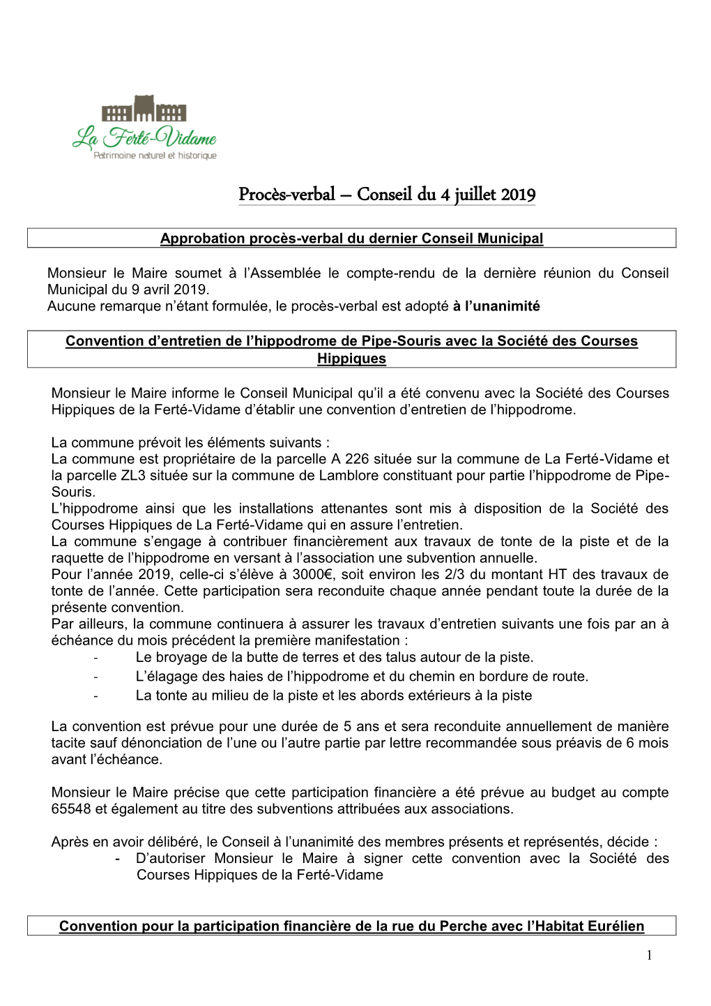 Procès-Verbal – Conseil Du 4 Juillet 2019