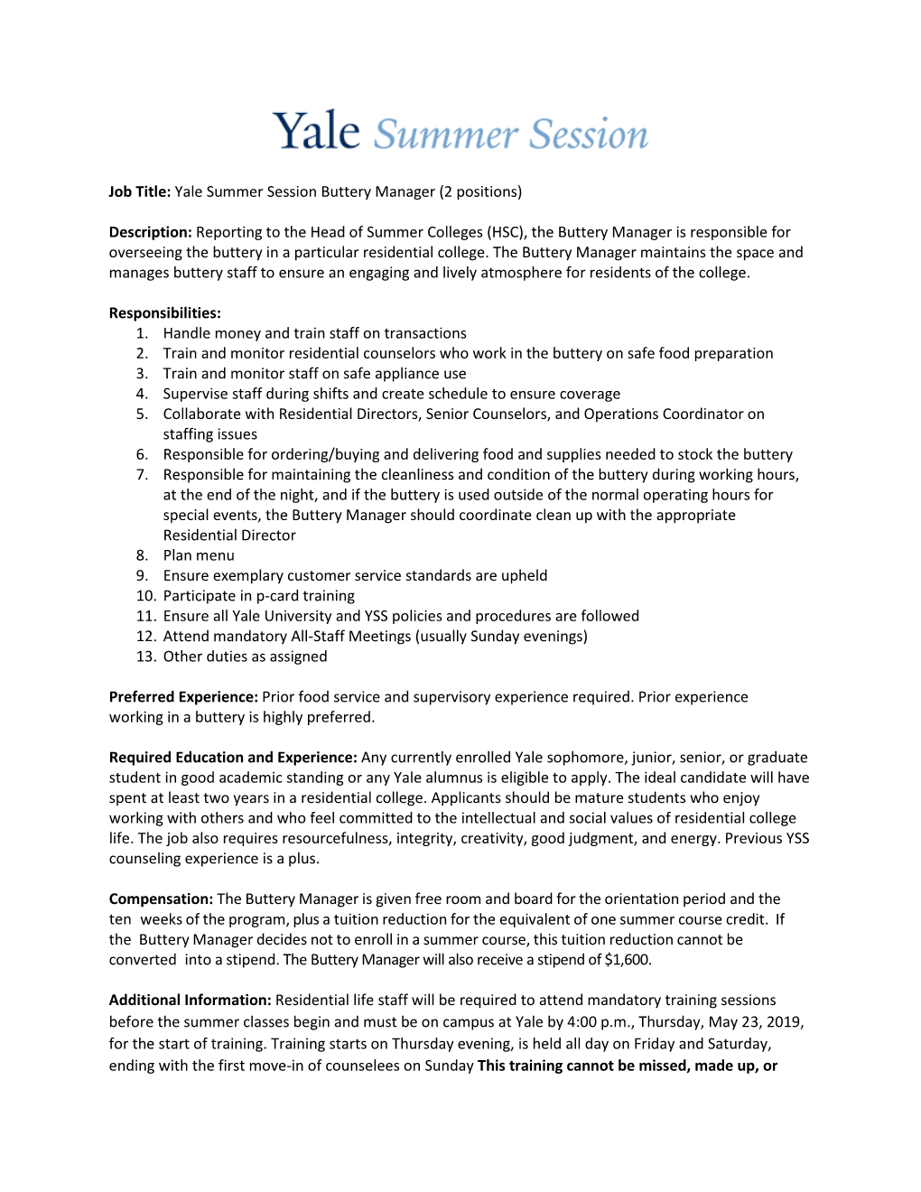 Yale Summer Session Buttery Manager (2 Positions)