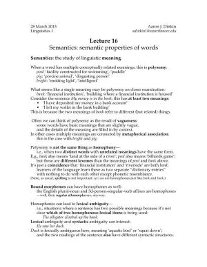 Lecture 16 Semantics: Semantic Properties of Words
