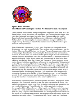 Spider Jones Presents This Month's Dream Fight: Smokin' Joe Frazier Vs Iron Mike Tyson