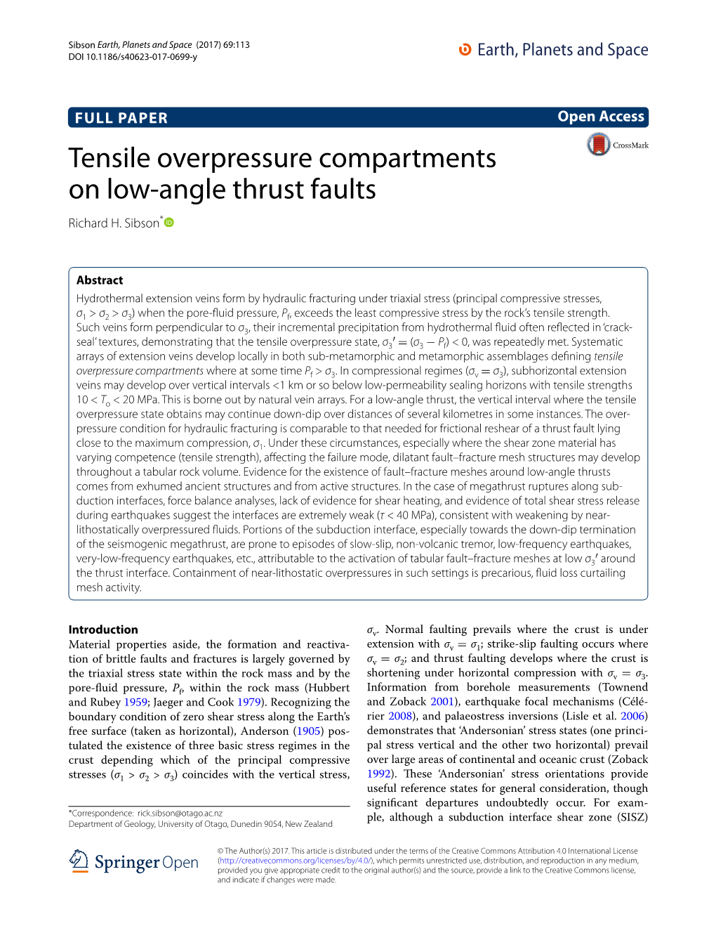 Tensile Overpressure Compartments on Low-Angle Thrust Faults