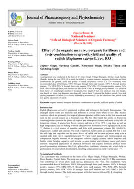 Effect of the Organic Manure, Inorganic Fertilizers and Their Combination on Growth, Yield and Quality of Radish (Raphanus Sativ