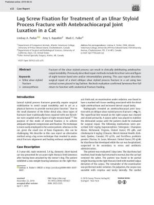 Lag Screw Fixation for Treatment of an Ulnar Styloid Process Fracture with Antebrachiocarpal Joint Luxation in a Cat