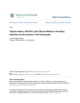 Virginia Indians, NAGPRA, and Cultural Affiliation: Visitingre Identities and Boundaries in the Chesapeake