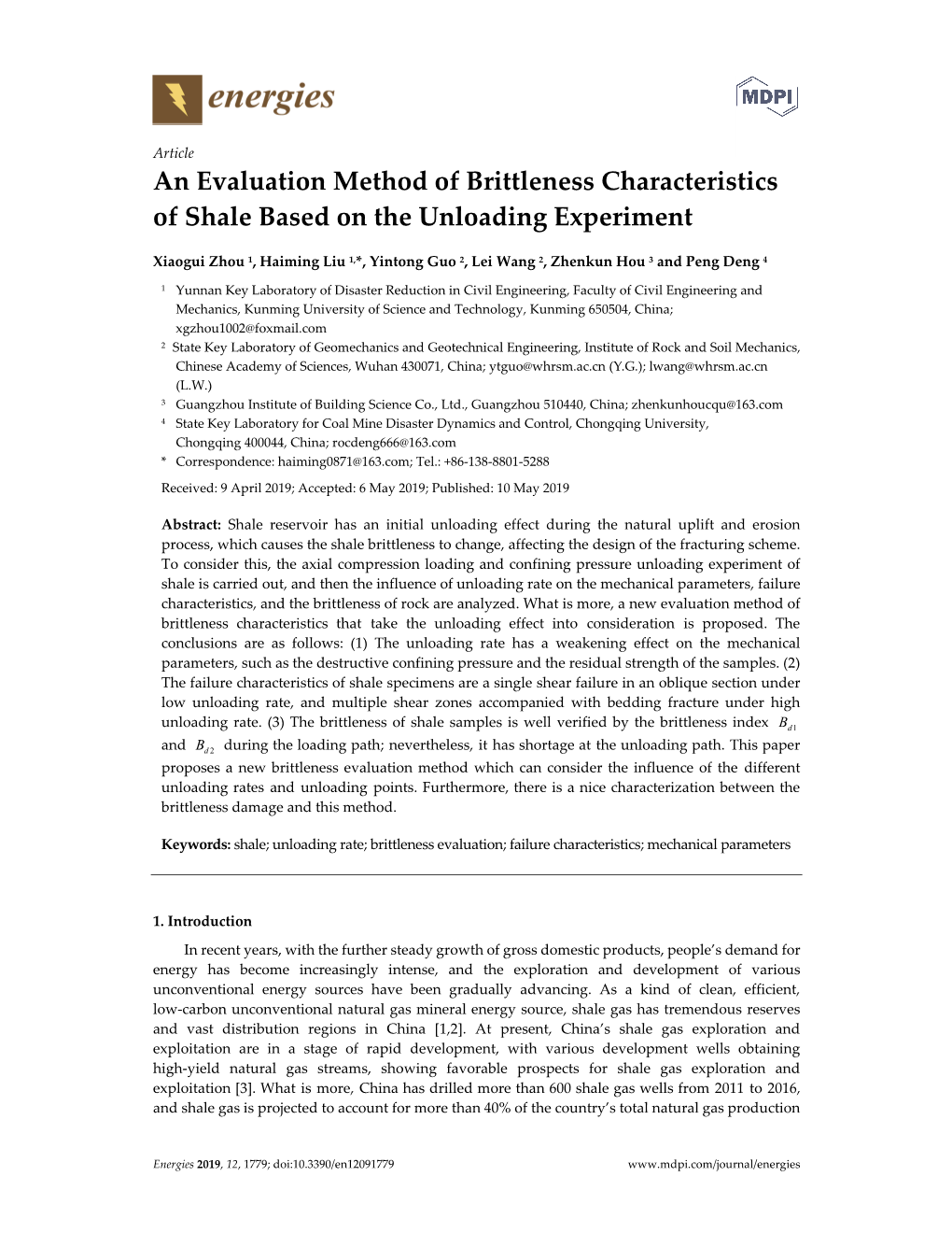 An Evaluation Method of Brittleness Characteristics of Shale Based on the Unloading Experiment