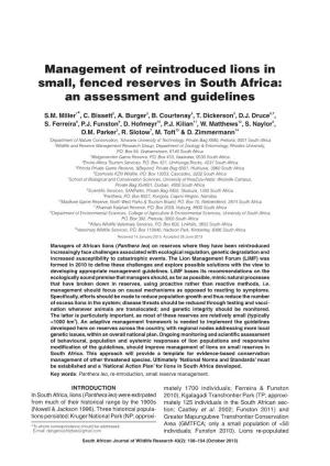 Management of Reintroduced Lions in Small, Fenced Reserves in South Africa: an Assessment and Guidelines