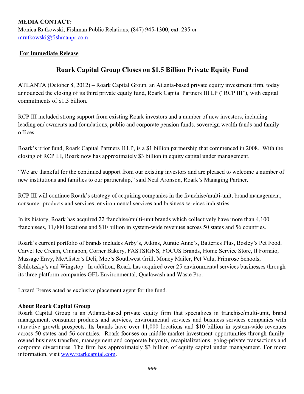 Roark Capital Group Closes on $1.5 Billion Private Equity Fund