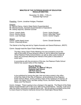 Minutes of the Paterson Board of Education Regular Meeting