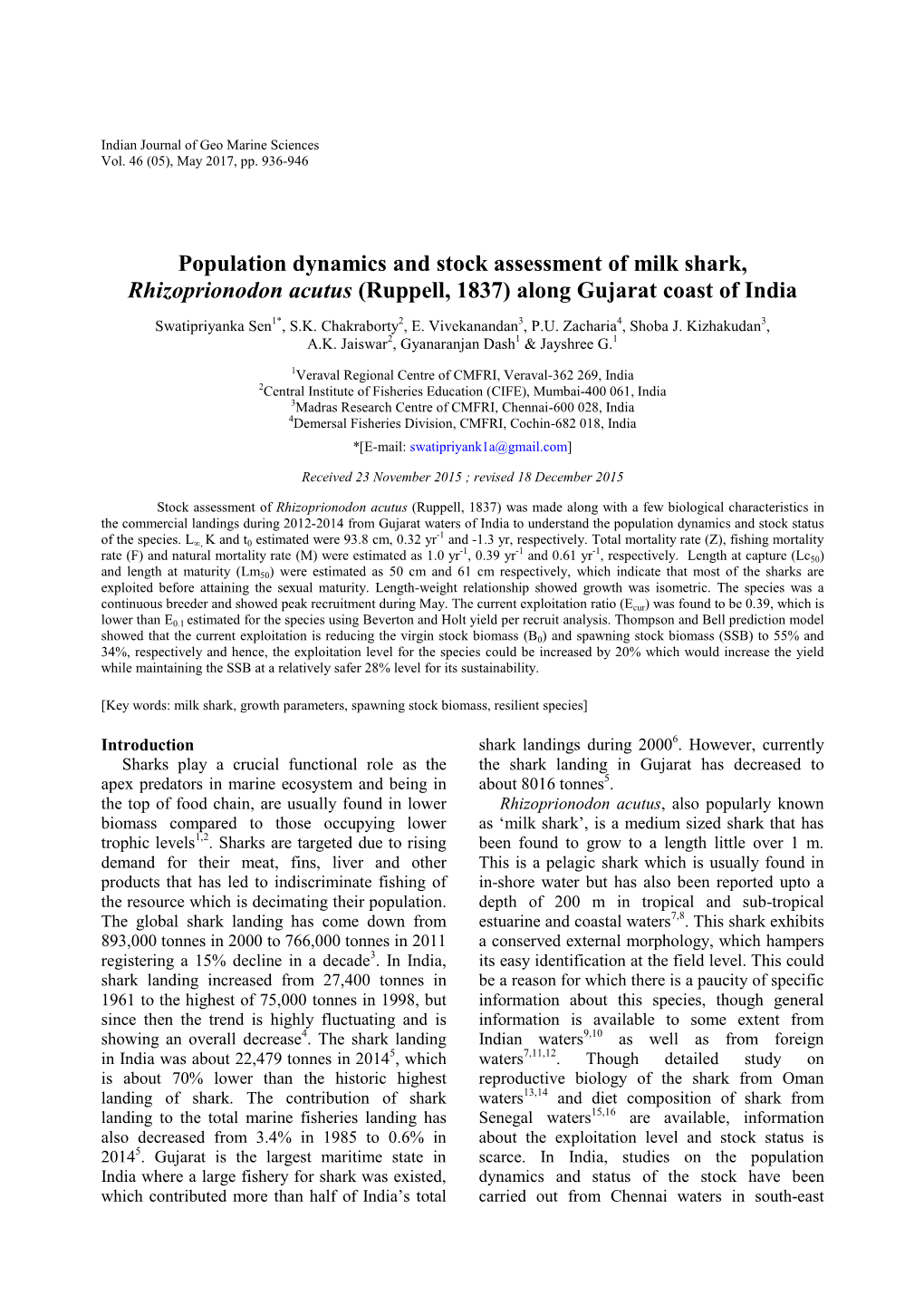 Population Dynamics and Stock Assessment of Milk Shark, Rhizoprionodon Acutus (Ruppell, 1837) Along Gujarat Coast of India