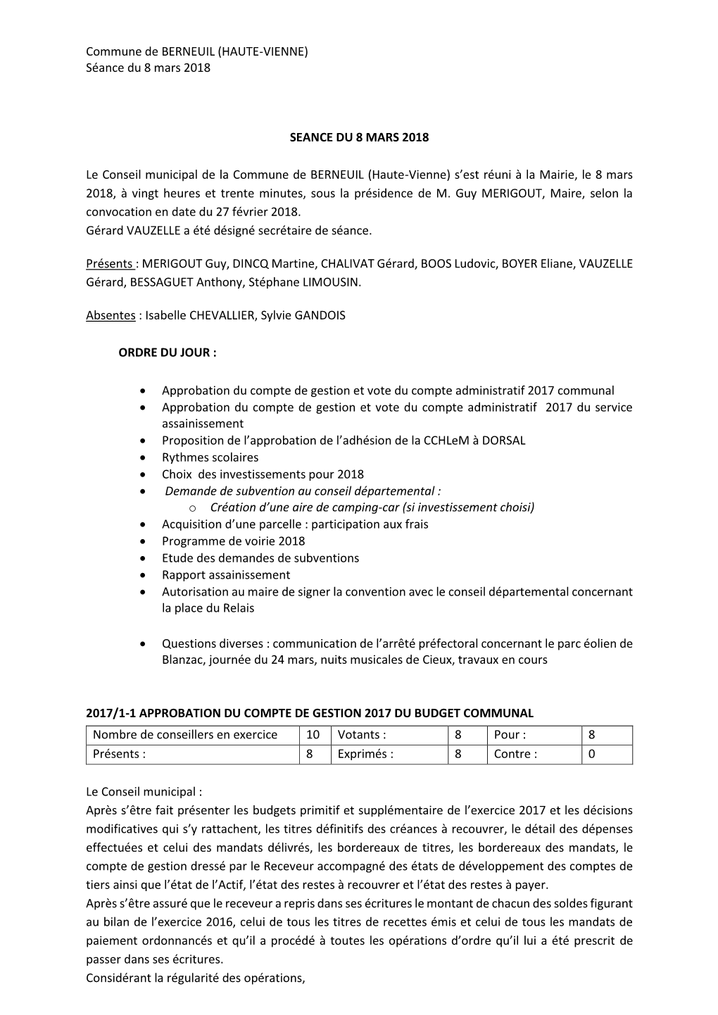 Commune De BERNEUIL (HAUTE-VIENNE) Séance Du 8 Mars 2018 SEANCE DU 8 MARS 2018 Le Conseil Municipal De La Commune De BERNEUIL (