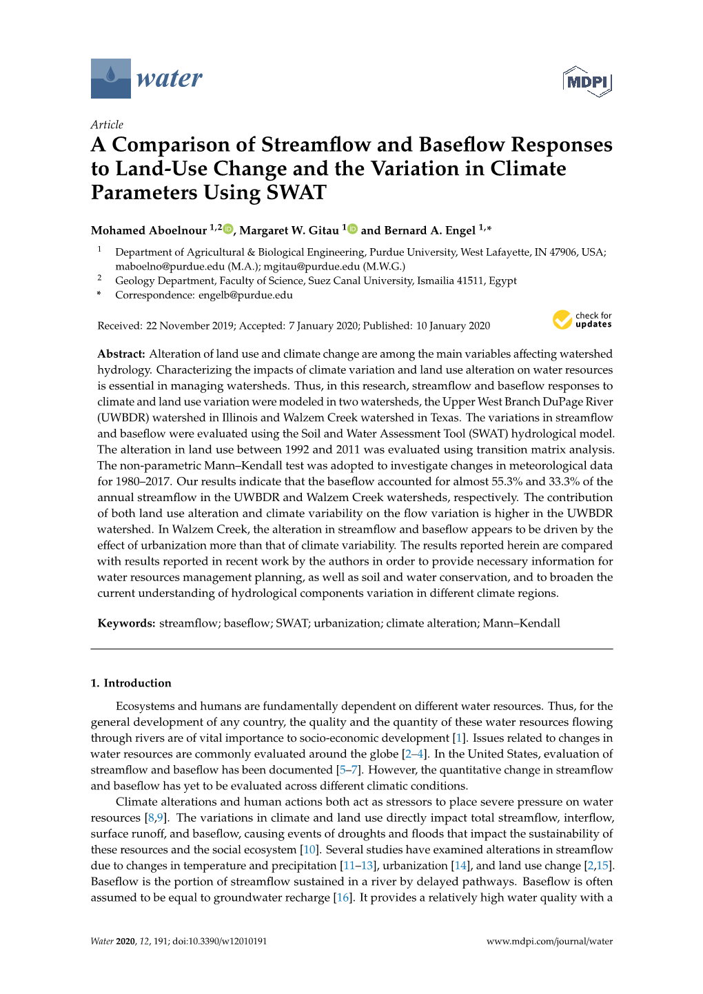 A Comparison of Streamflow and Baseflow Responses to Land-Use Change and the Variation in Climate Parameters Using SWAT