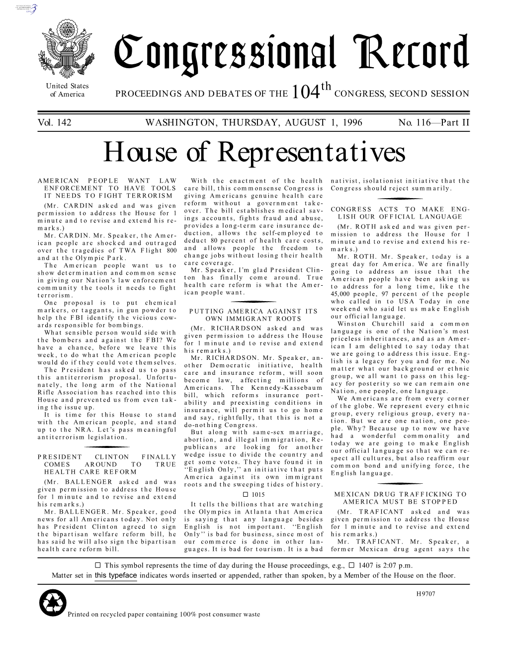 Congressional Record United States Th of America PROCEEDINGS and DEBATES of the 104 CONGRESS, SECOND SESSION