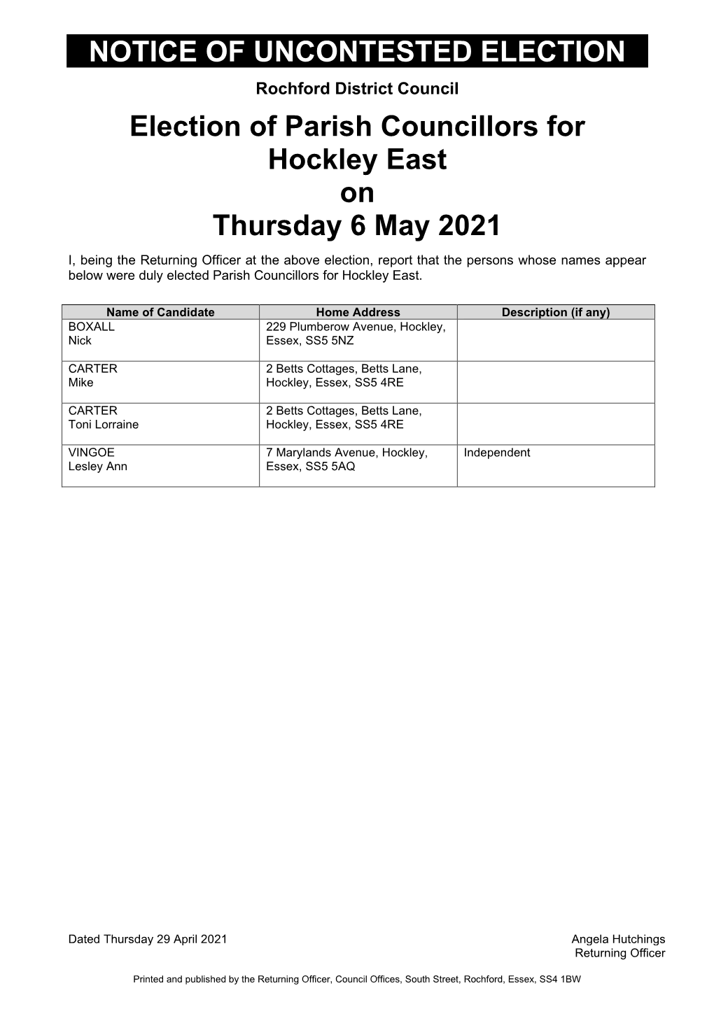 Notice of Uncontested Election