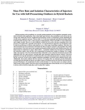 Mass Flow Rate and Isolation Characteristics of Injectors for Use with Self-Pressurizing Oxidizers in Hybrid Rockets