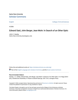 Edward Said, John Berger, Jean Mohr: in Search of an Other Optic