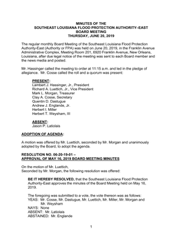 Minutes of the Southeast Louisiana Flood Protection Authority–East Board Meeting Thursday, June 20, 2019