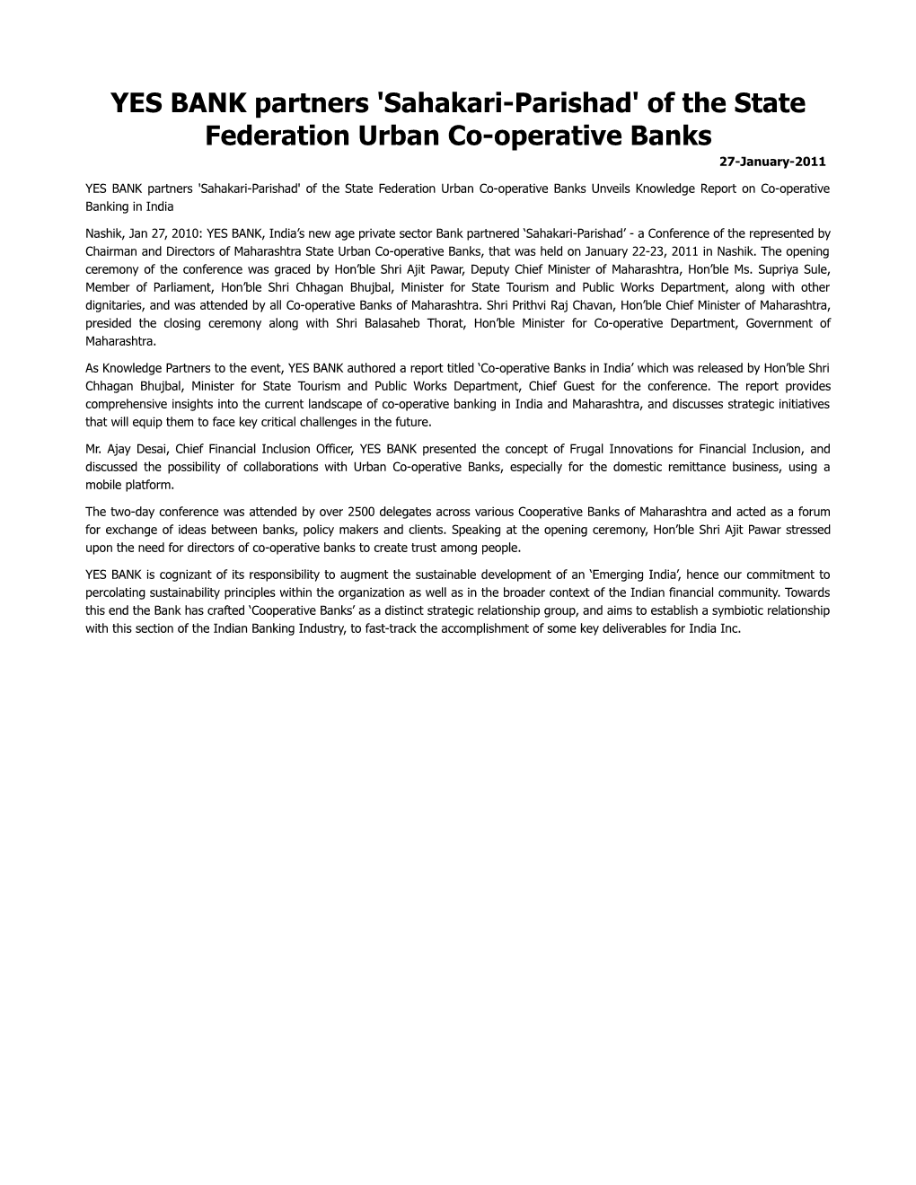 Of the State Federation Urban Co-Operative Banks 27-January-2011