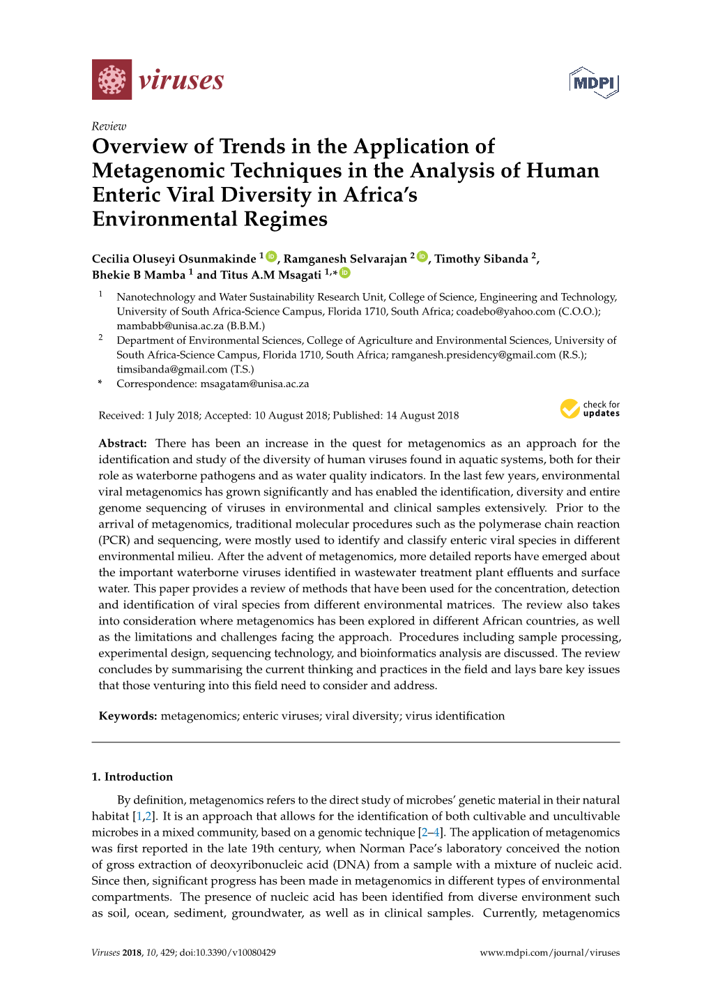 Overview of Trends in the Application of Metagenomic Techniques in the Analysis of Human Enteric Viral Diversity in Africa’S Environmental Regimes