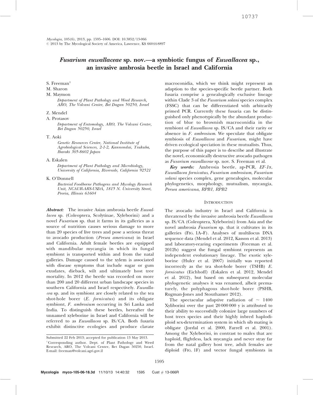 A Symbiotic Fungus of Euwallacea Sp., an Invasive Ambrosia Beetle in Israel and California