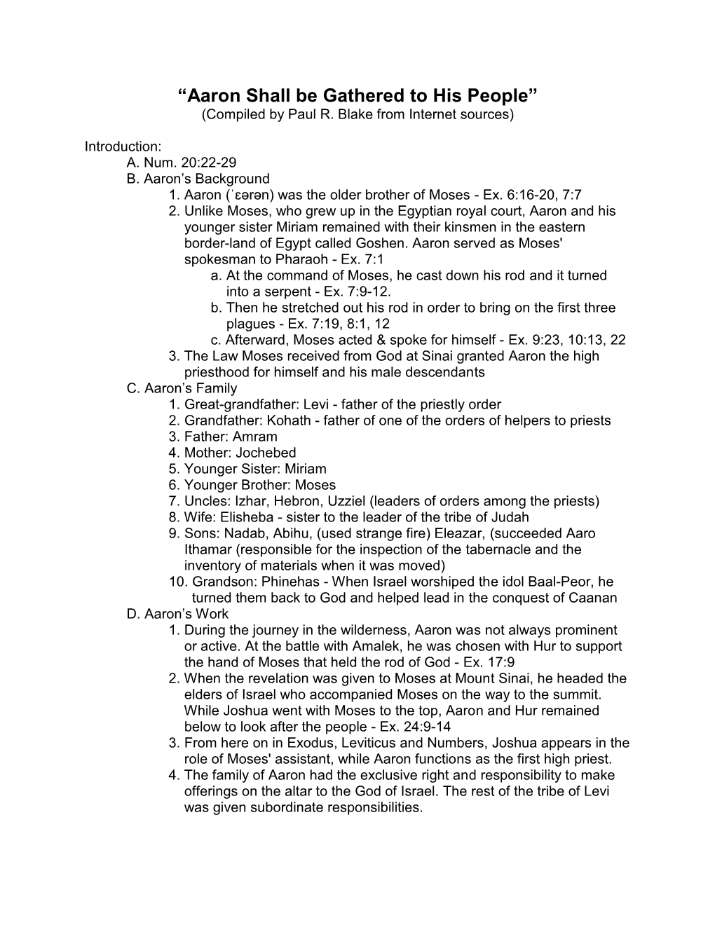 “Aaron Shall Be Gathered to His People” (Compiled by Paul R