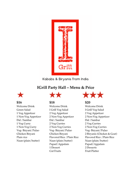 I Grill Party Hall Menu & Price