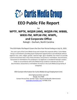 EEO Public File Report for WPTF, WPTK, WQDR (AM), WQDR-FM, WBBB, WKIX-FM, WPLW-FM, WWPL, and Corporate Office Raleigh – Durham, North Carolina