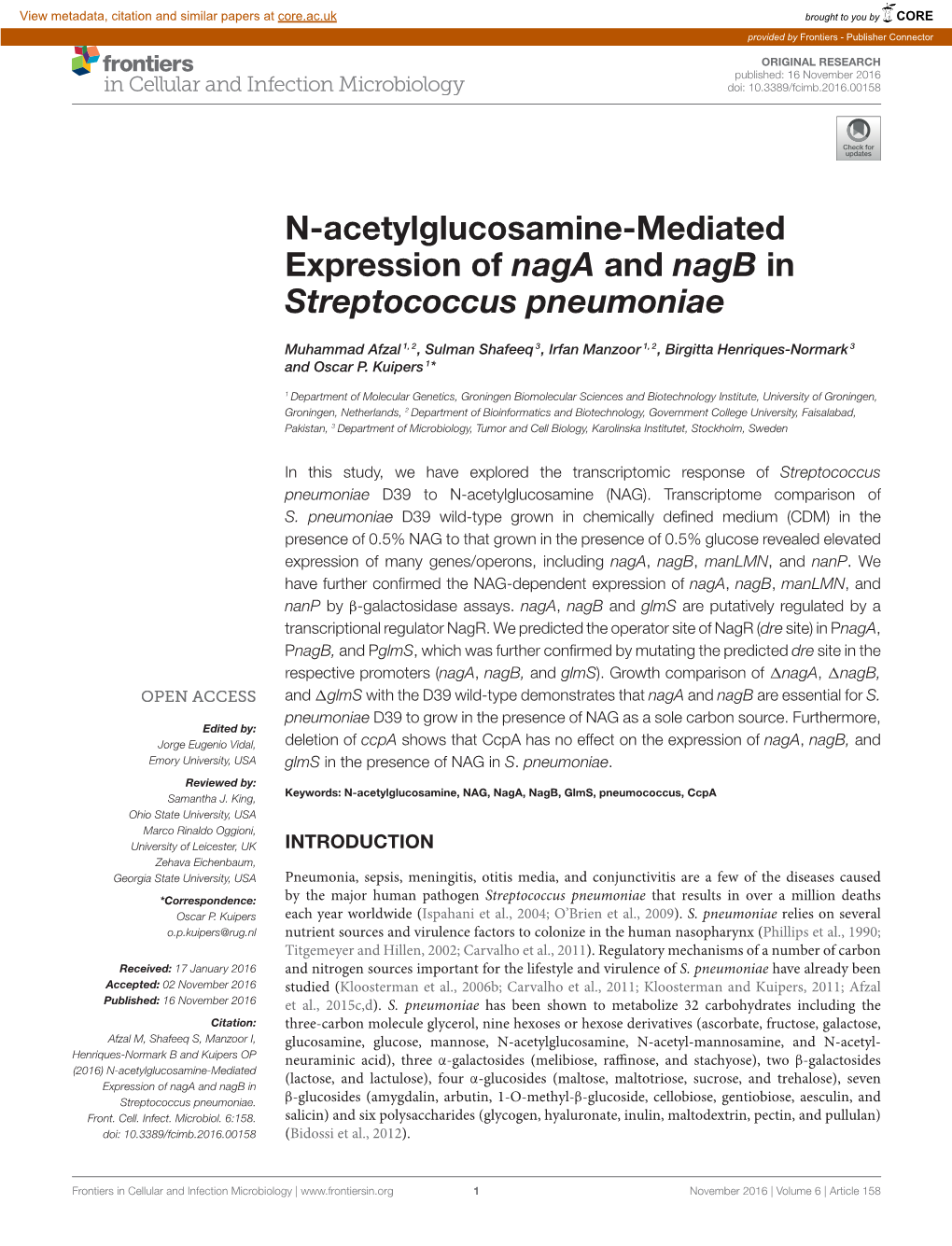 N-Acetylglucosamine-Mediated Expression of Naga and Nagb in Streptococcus Pneumoniae