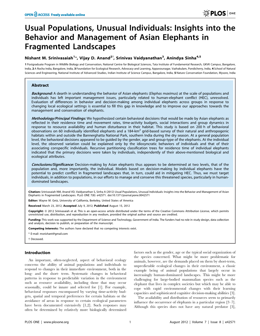 Insights Into the Behavior and Management of Asian Elephants in Fragmented Landscapes