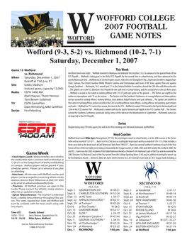 Wofford College 2007 Football Game Notes