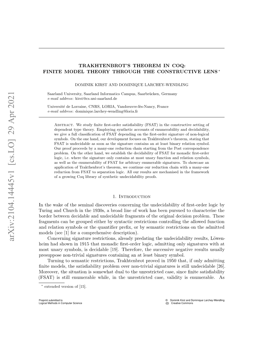 Trakhtenbrot's Theorem in Coq: Finite Model Theory Through The